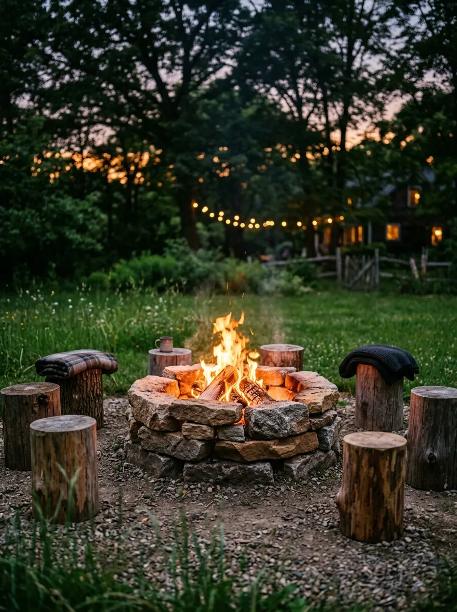 A backyard fire pit made from stacked stones