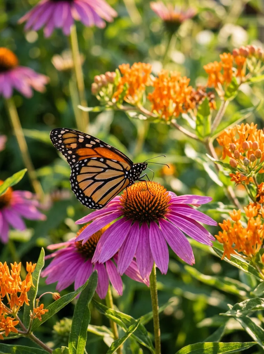A backyard flower bed filled with bright purple coneflowers and orange milkweed