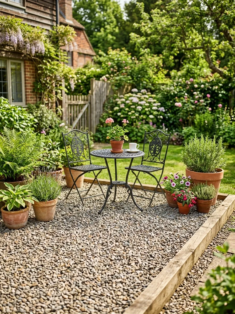 A backyard gravel patio bordered by wooden edging