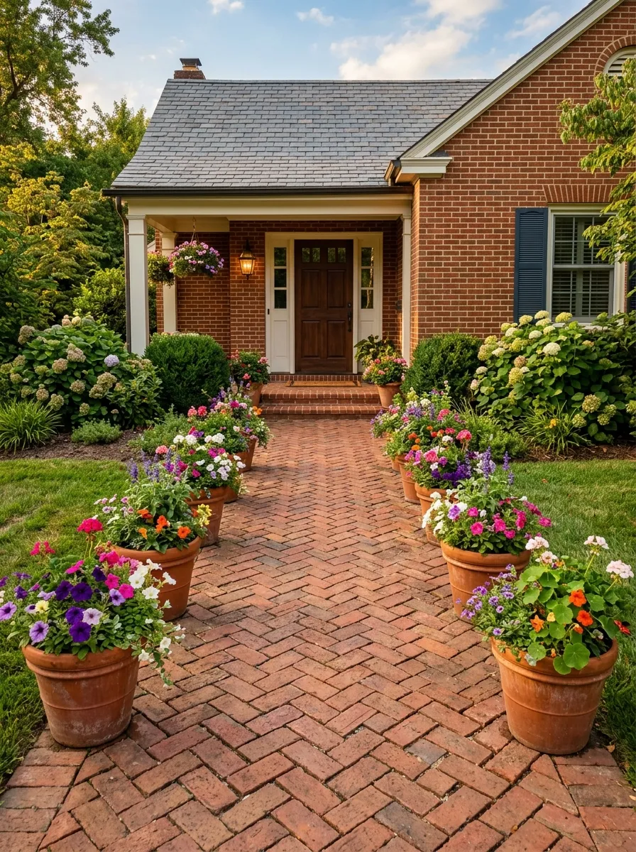 24 Gorgeous Front Yard Garden Ideas That Boost Curb Appeal Instantly 3 A brick front walkway lined with matching terracotta planters filled with colorful flowers
