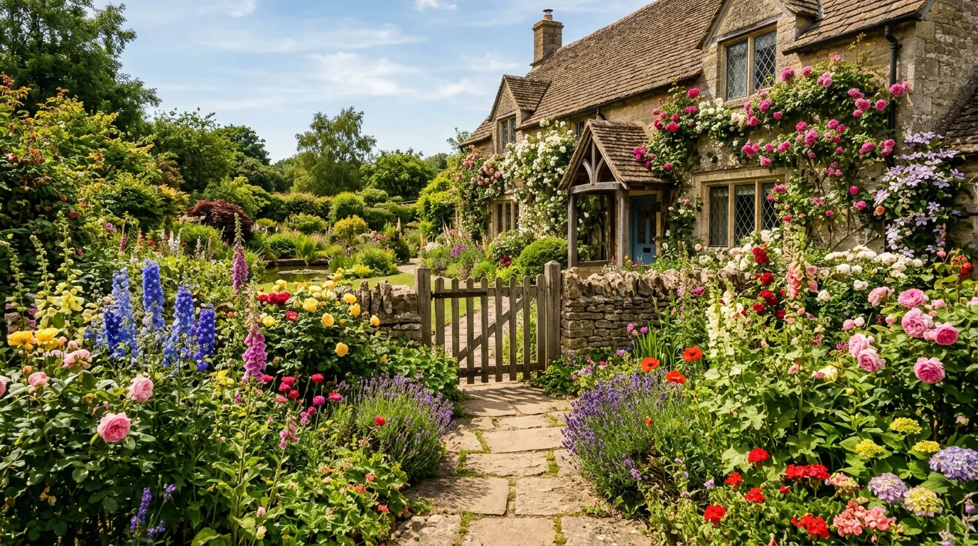 A charming cottage garden path lined with overflowing colorful flowers, a rustic wooden gate, and climbing roses on a stone cottage wall.