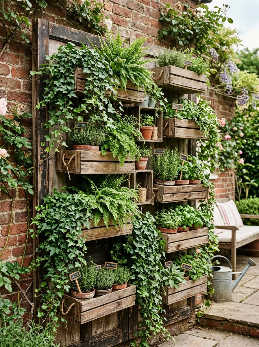 How to Design a Small Garden That Looks Bigger and More Beautiful 2 A charming vertical garden wall covered in trailing ivy, ferns, and small potted herbs mounted in wooden crates.