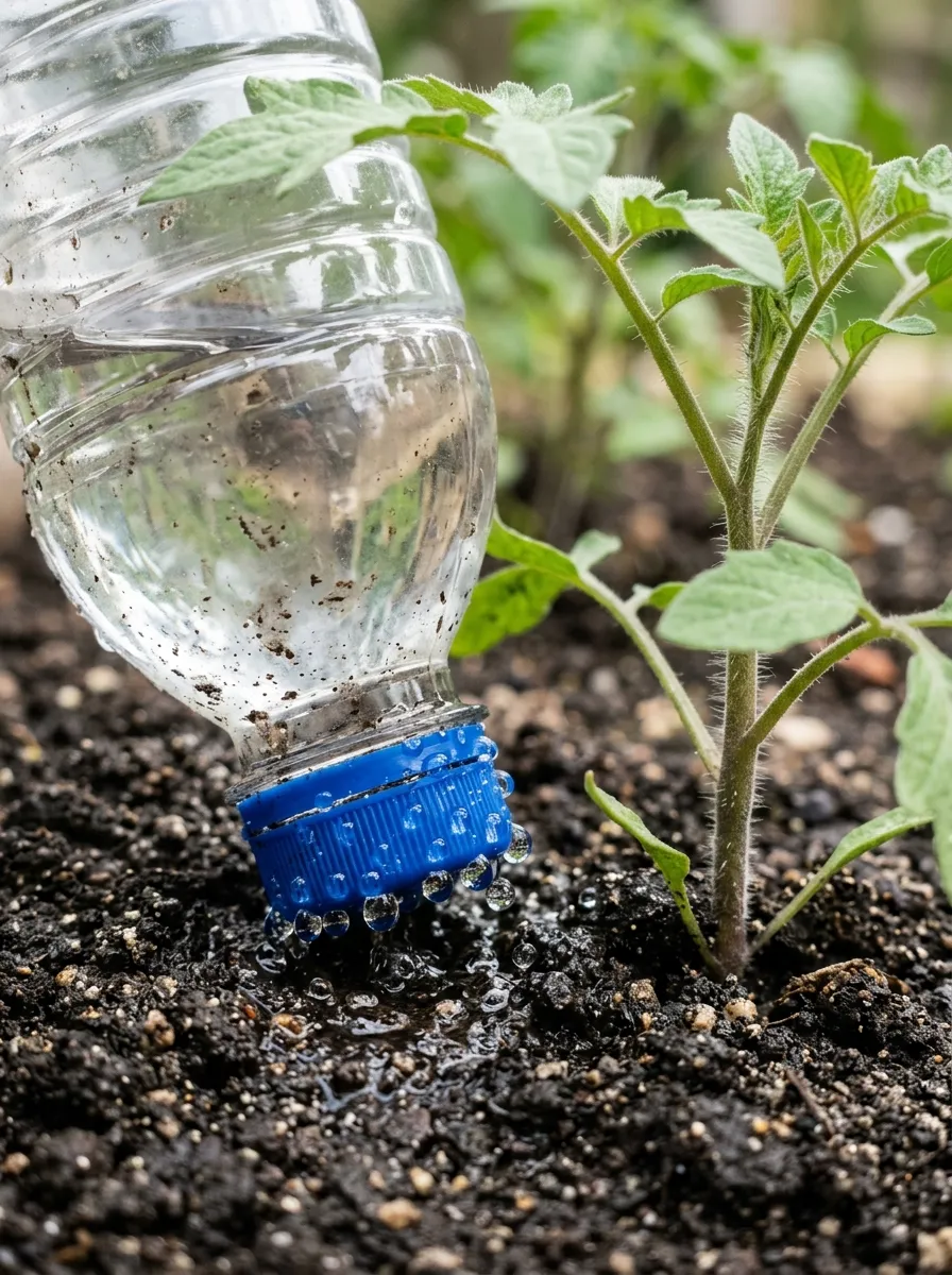 26 Amazing DIY Home Garden Ideas That Anyone Can Create on a Budget 7 A clear plastic bottle turned upside down and partially buried in dark soil