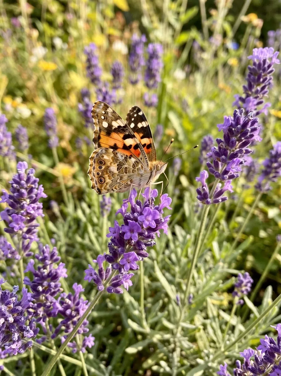 A close-up of a butterfly landing on a cluster of purple lavender