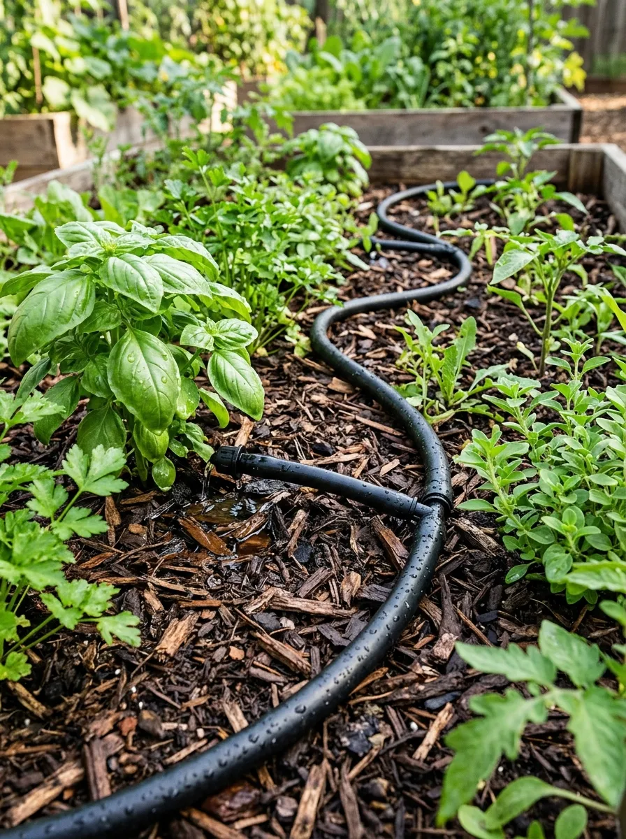 A close-up of a drip irrigation hose winding through a mulched garden bed with healthy green plants growing around it.