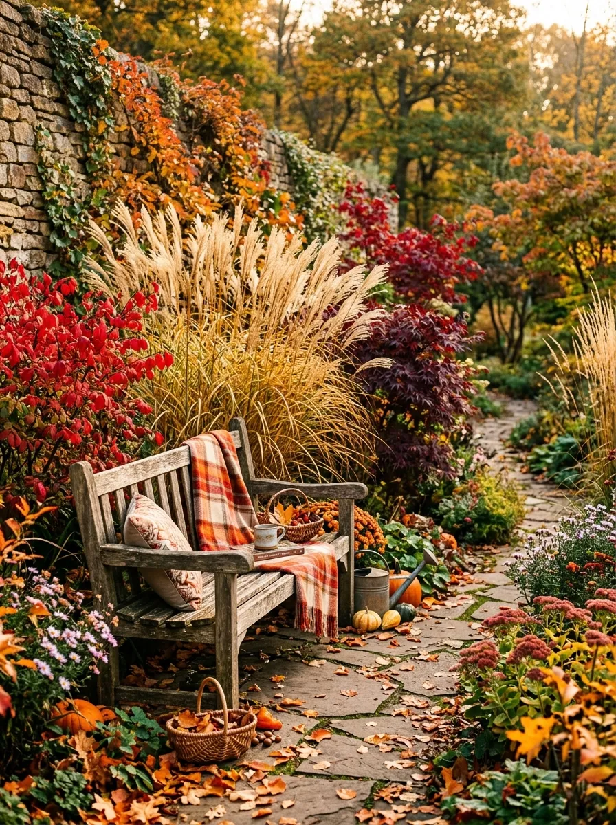 How to Design a Beautiful Home Garden from Scratch 5 A cozy garden corner in autumn with golden ornamental grasses, red-leafed shrubs, and a rustic wooden bench.