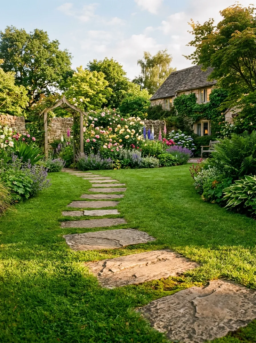 A curved garden pathway made of flat stepping stones set into green grass