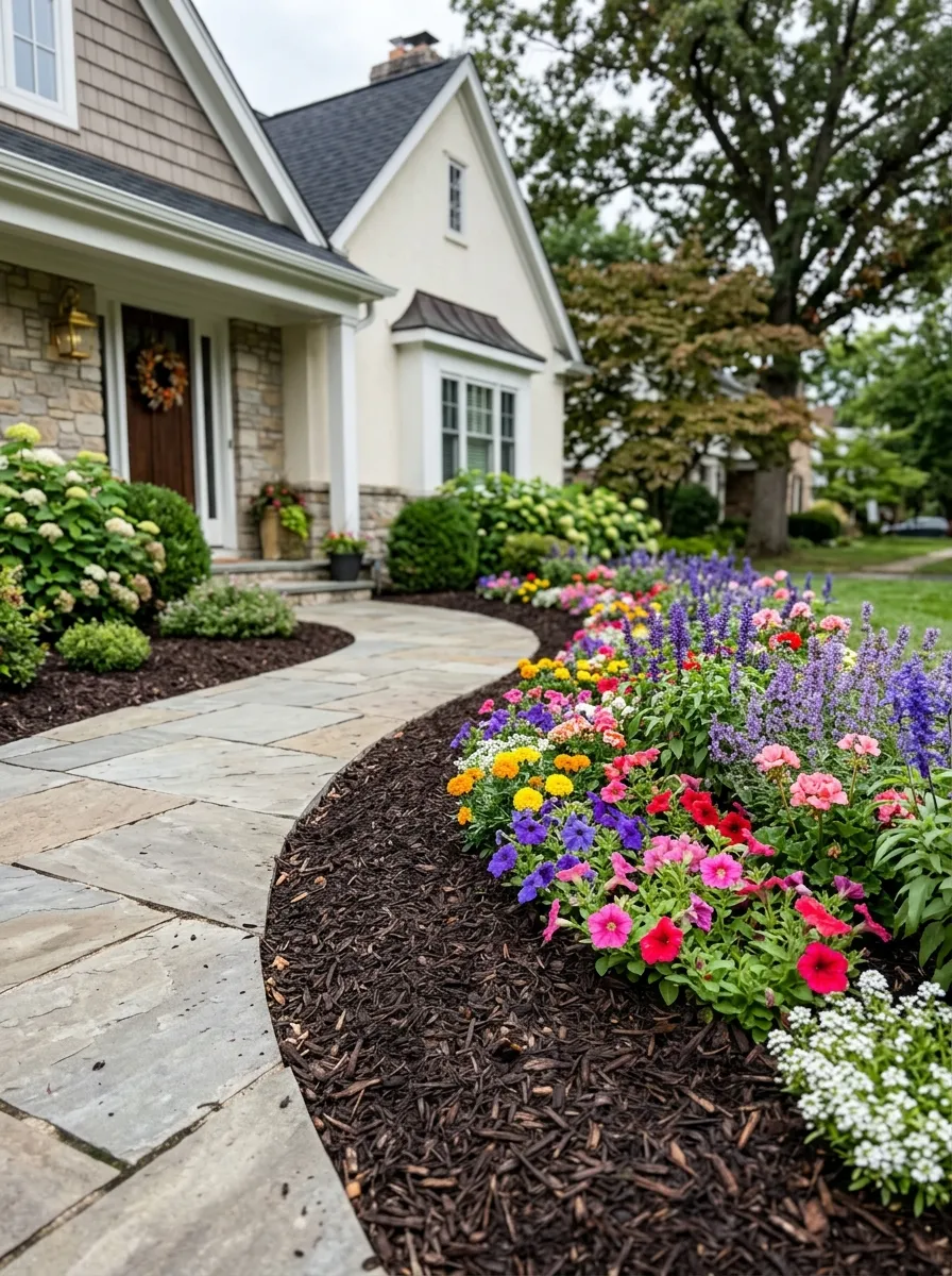 24 Gorgeous Front Yard Garden Ideas That Boost Curb Appeal Instantly 8 A freshly mulched garden bed with dark brown mulch and colorful seasonal flowers
