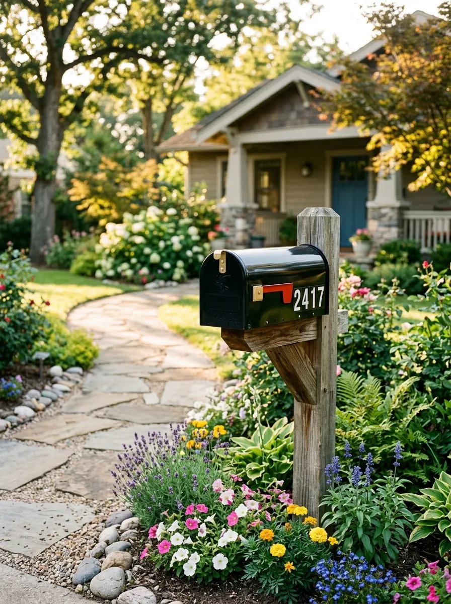 24 Gorgeous Front Yard Garden Ideas That Boost Curb Appeal Instantly 9 A freshly painted black mailbox on a wooden post