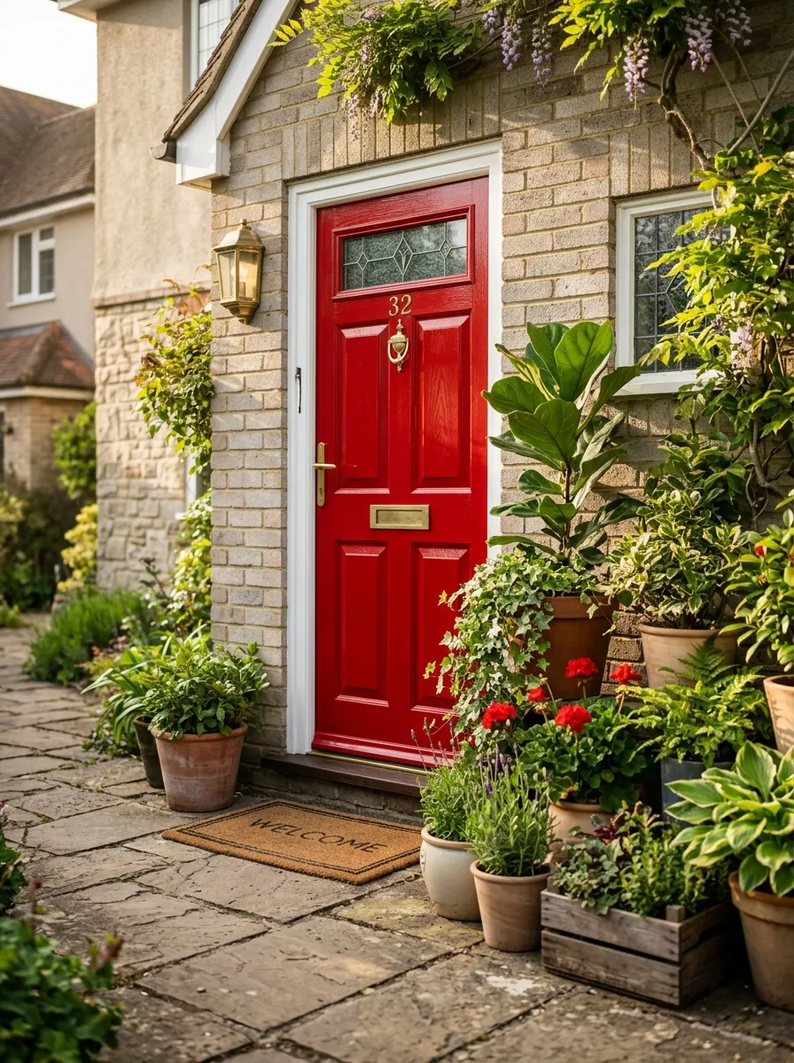 24 Gorgeous Front Yard Garden Ideas That Boost Curb Appeal Instantly 15 A freshly painted bright red front door surrounded by potted plants