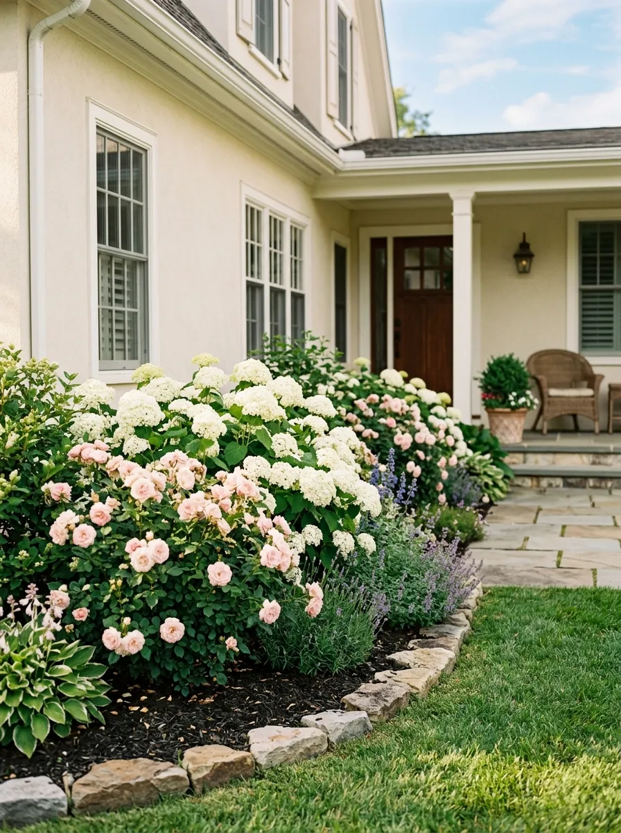 24 Gorgeous Front Yard Garden Ideas That Boost Curb Appeal Instantly 6 A front yard flower bed featuring white hydrangeas and soft pink roses