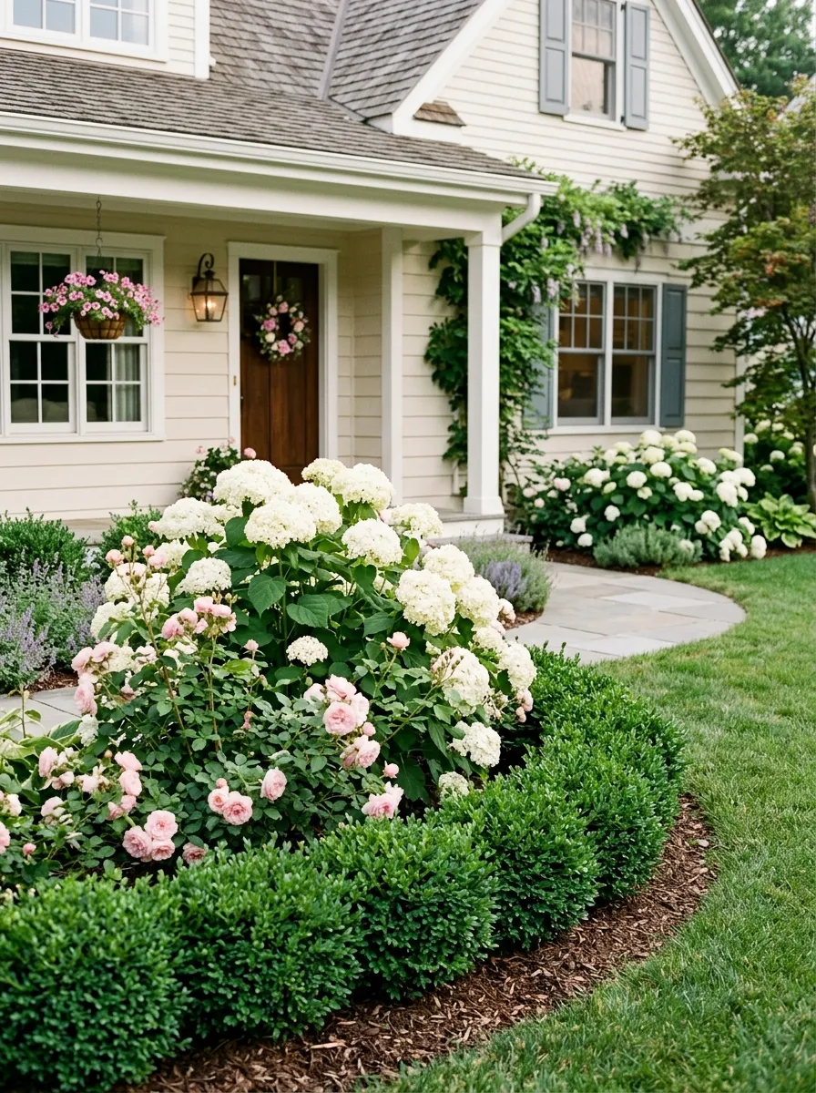 A front yard flower bed featuring white hydrangeas, soft pink roses
