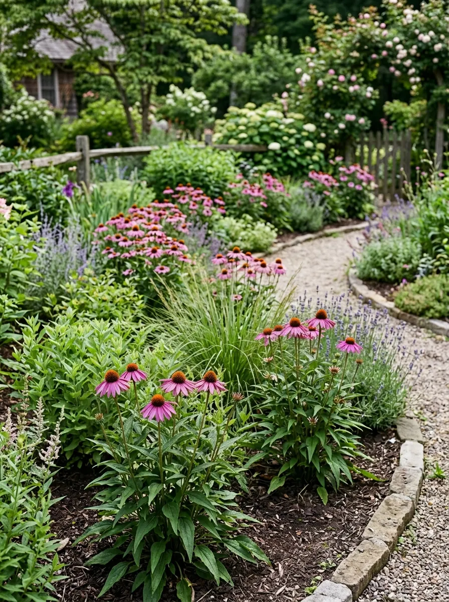 A garden bed featuring clusters of purple coneflowers