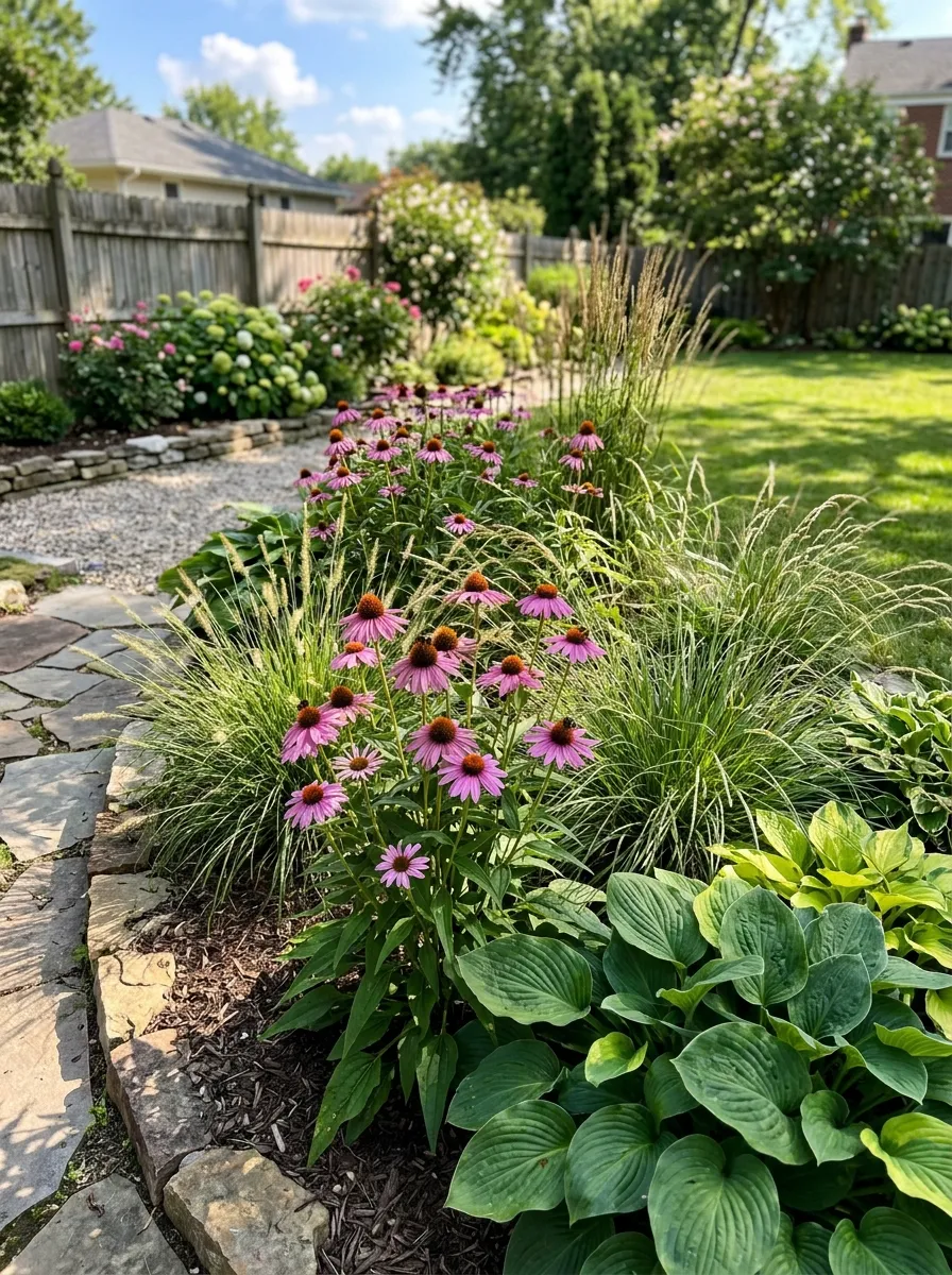 A garden bed filled with purple coneflowers, ornamental grasses, and green hostas thriving in natural sunlight.