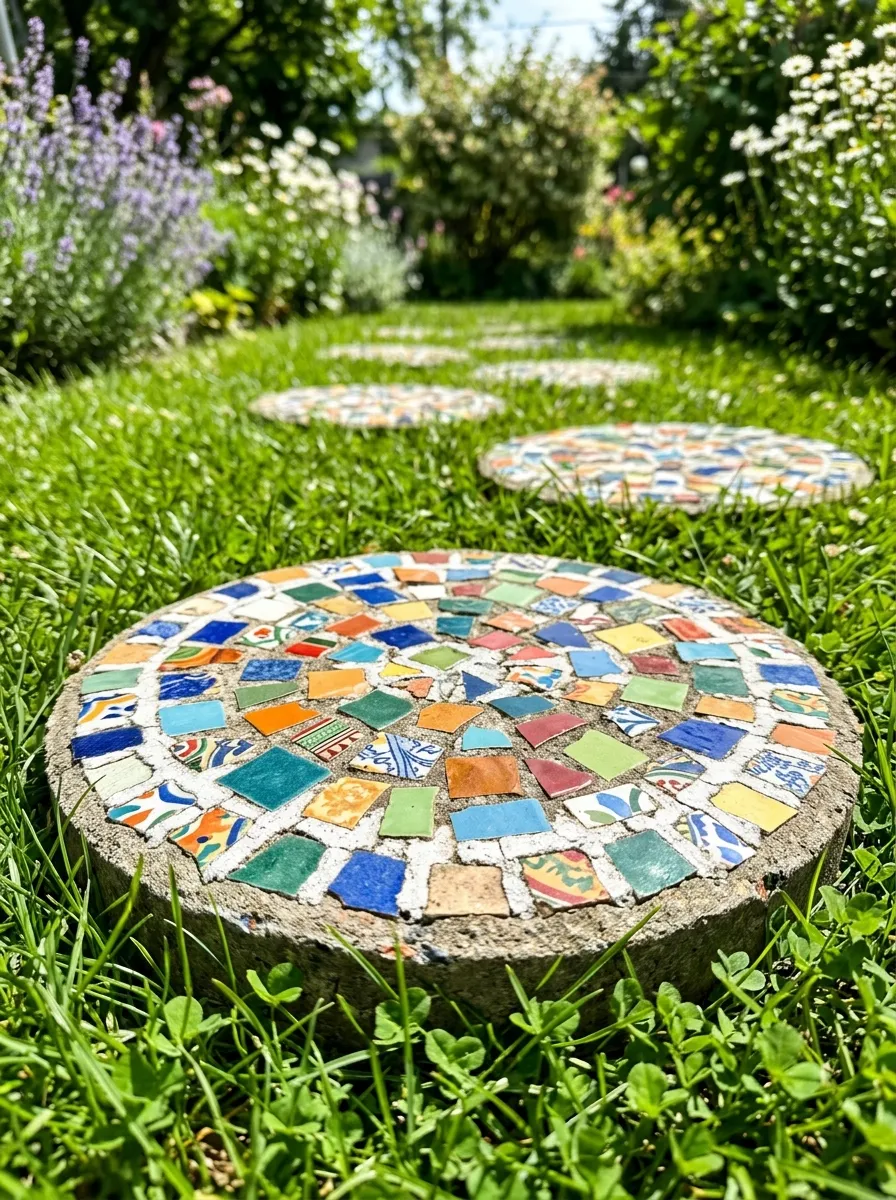 26 Amazing DIY Home Garden Ideas That Anyone Can Create on a Budget 17 A garden path made of round concrete stepping stones embedded with colorful broken tile fragments