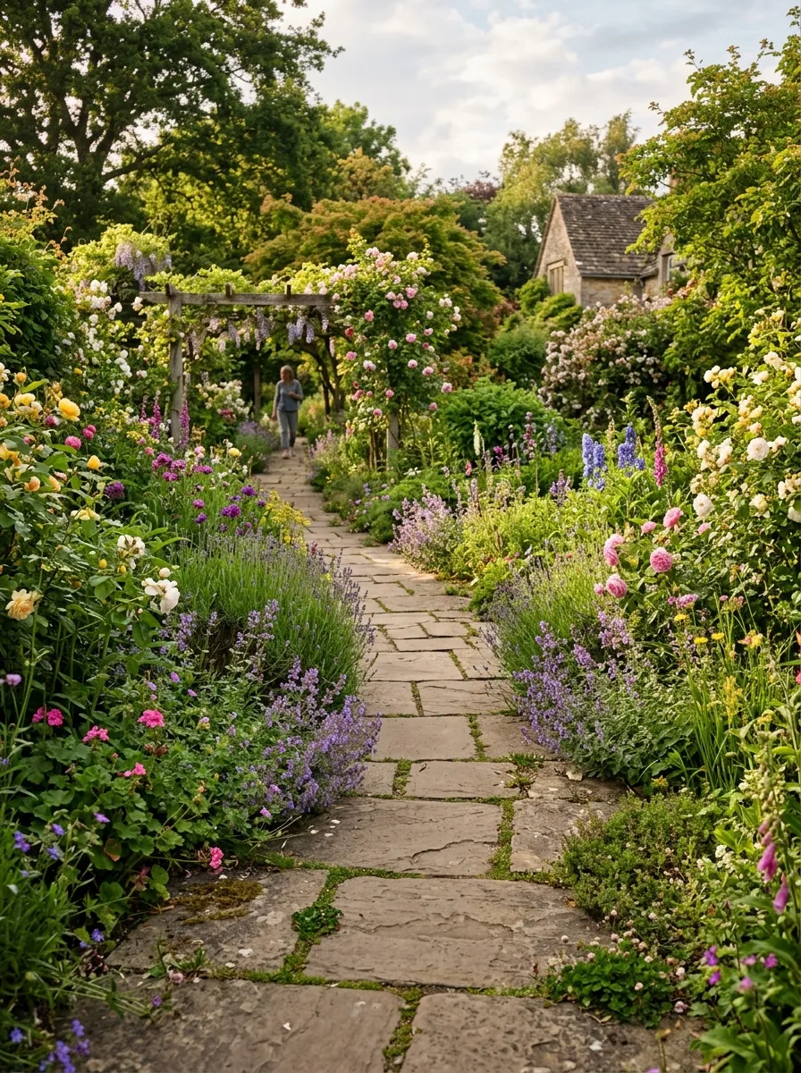 How to Design a Charming Cottage Garden Full of Color and Character 4 A garden path with flowers and greenery spilling over the stone edges onto the walkway in soft afternoon light.