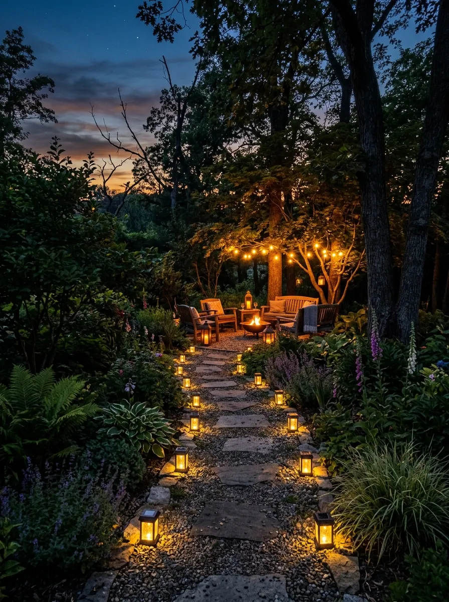 How to Design a Backyard Garden That Feels Like a Private Retreat 4 A garden pathway lined with small solar lanterns leading toward a glowing seating area surrounded by trees at twilight.