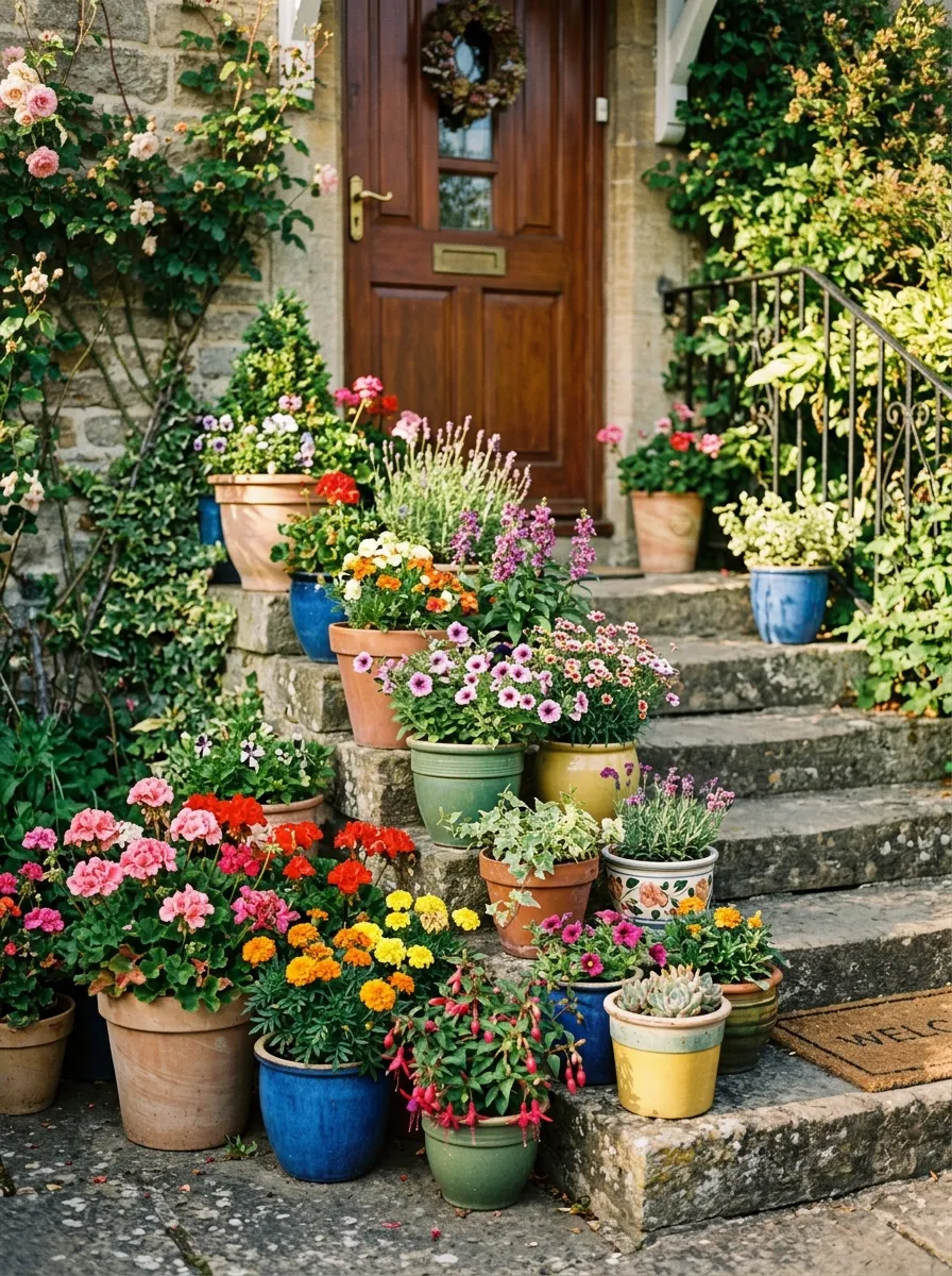 24 Gorgeous Front Yard Garden Ideas That Boost Curb Appeal Instantly 21 A grouped cluster of colorful flower pots on front entry steps