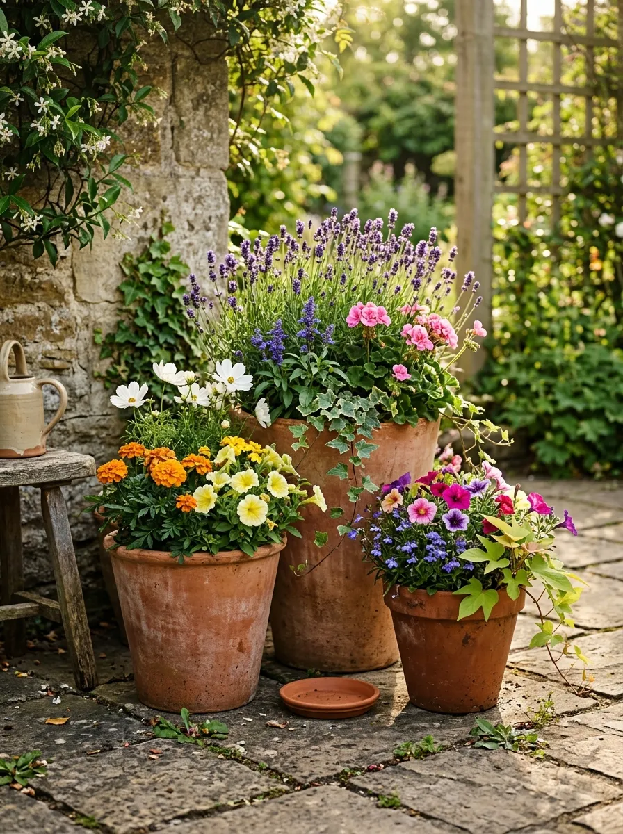 A grouped cluster of three terracotta pots with mixed flowering plants