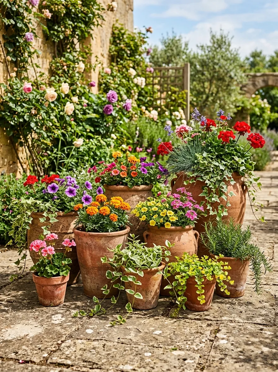 A grouping of terracotta pots of varying heights on a stone patio