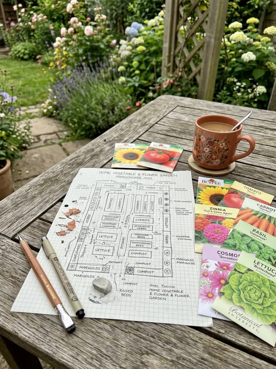 How to Design a Beautiful Home Garden from Scratch 2 A hand-drawn garden layout sketch on paper, surrounded by seed packets, a pencil, and a cup of coffee on an outdoor table.