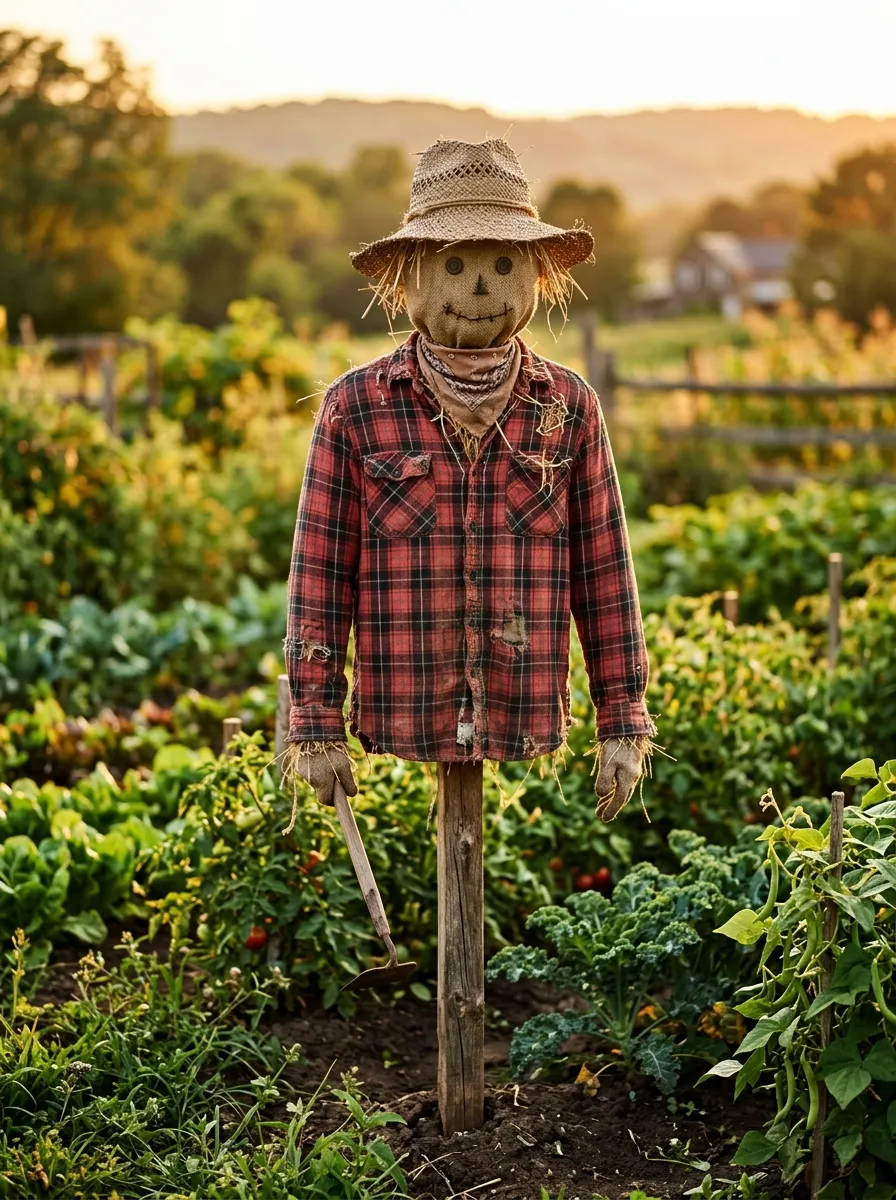 26 Amazing DIY Home Garden Ideas That Anyone Can Create on a Budget 19 A homemade scarecrow dressed in a worn flannel shirt and straw hat