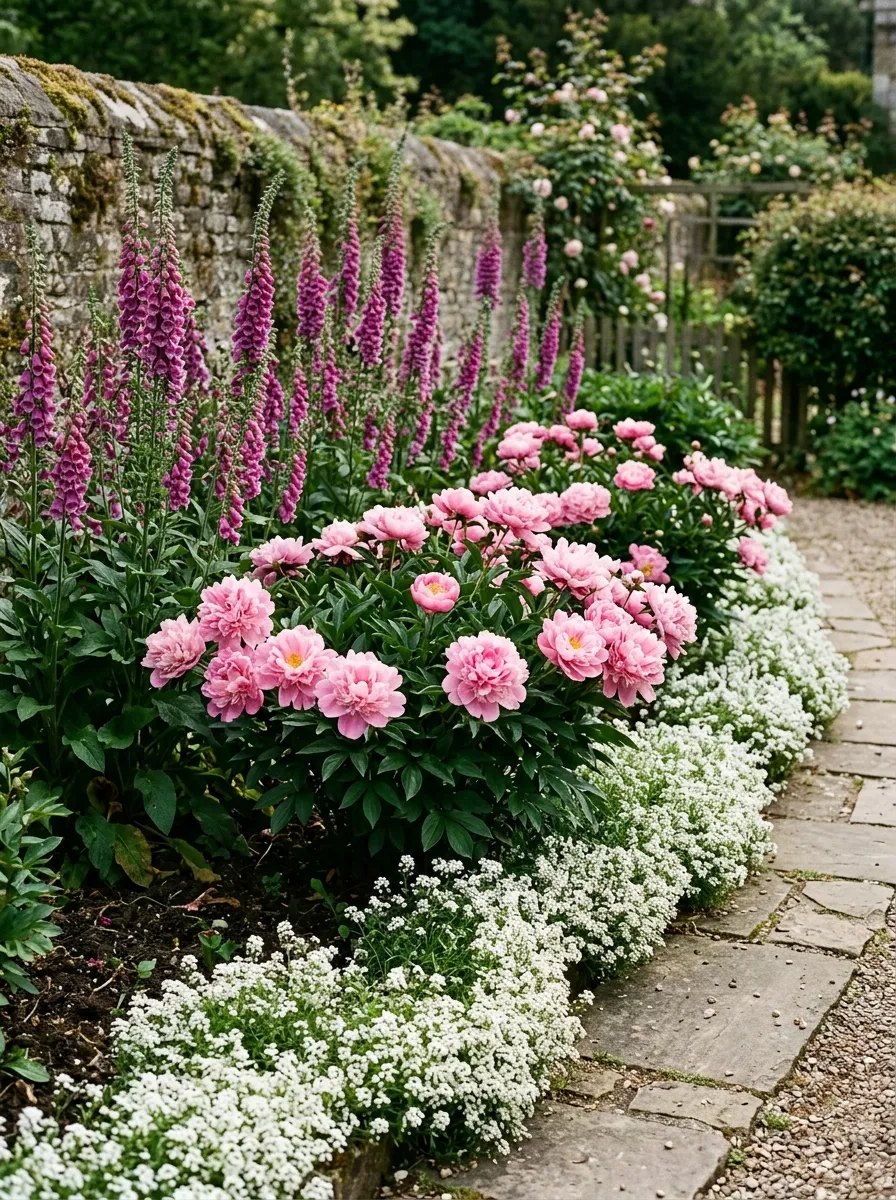 How to Design a Beautiful Home Garden from Scratch 3 A layered flower bed with tall purple foxgloves in the back pink peonies in the middle and low white alyssum in front