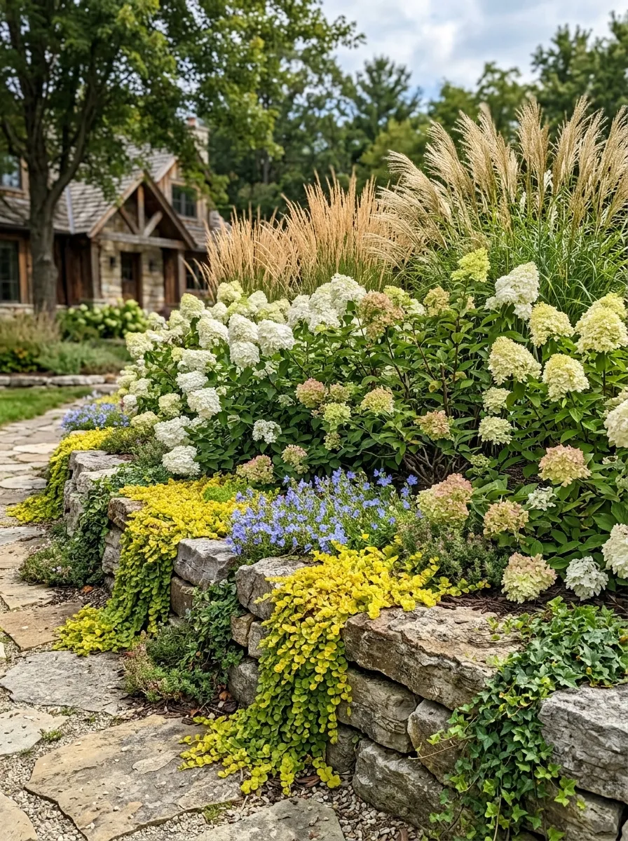 How to Design a Small Garden That Looks Bigger and More Beautiful 4 A layered garden bed with tall ornamental grasses, mid-height flowering shrubs, and trailing groundcover spilling over a stone edge.