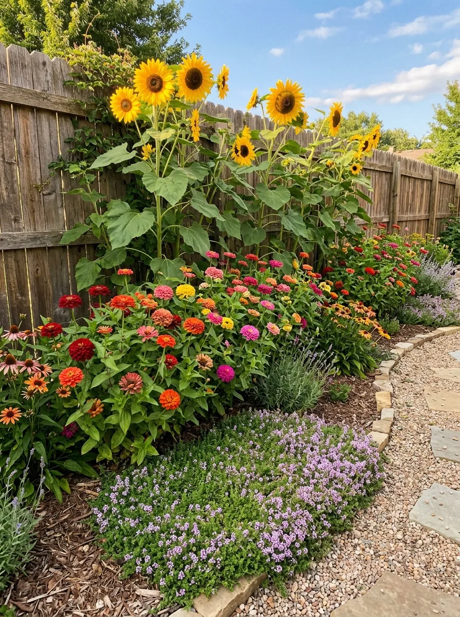 A layered garden border along a wooden fence with tall sunflowers