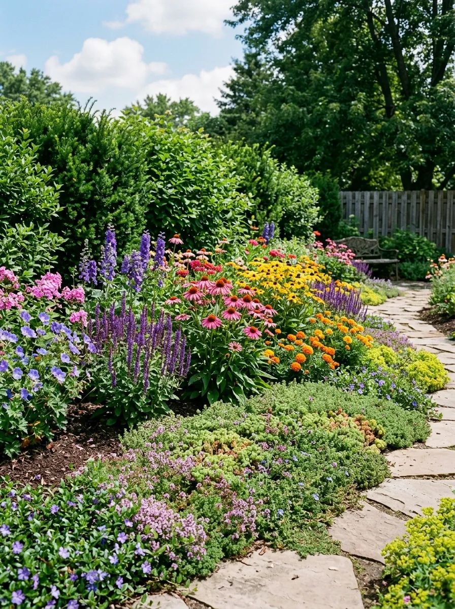 How to Design a Backyard Garden That Feels Like a Private Retreat 3 A lush layered garden bed with tall green shrubs in the back