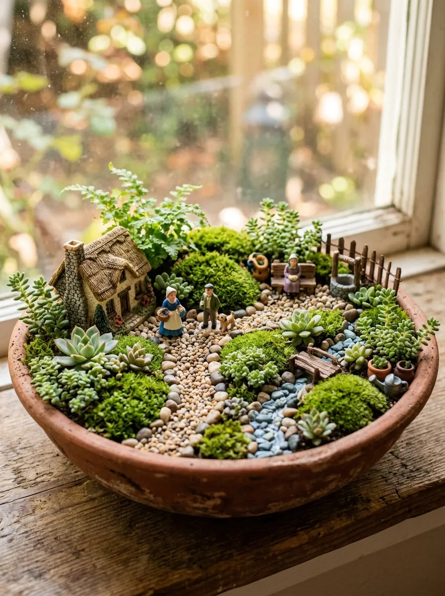 26 Amazing DIY Home Garden Ideas That Anyone Can Create on a Budget 12 A miniature scene inside a shallow terracotta bowl, featuring tiny painted figurines