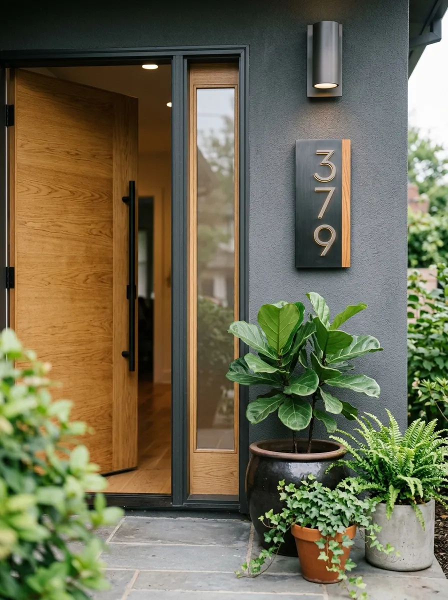 24 Gorgeous Front Yard Garden Ideas That Boost Curb Appeal Instantly 10 A modern house number sign mounted beside a front door