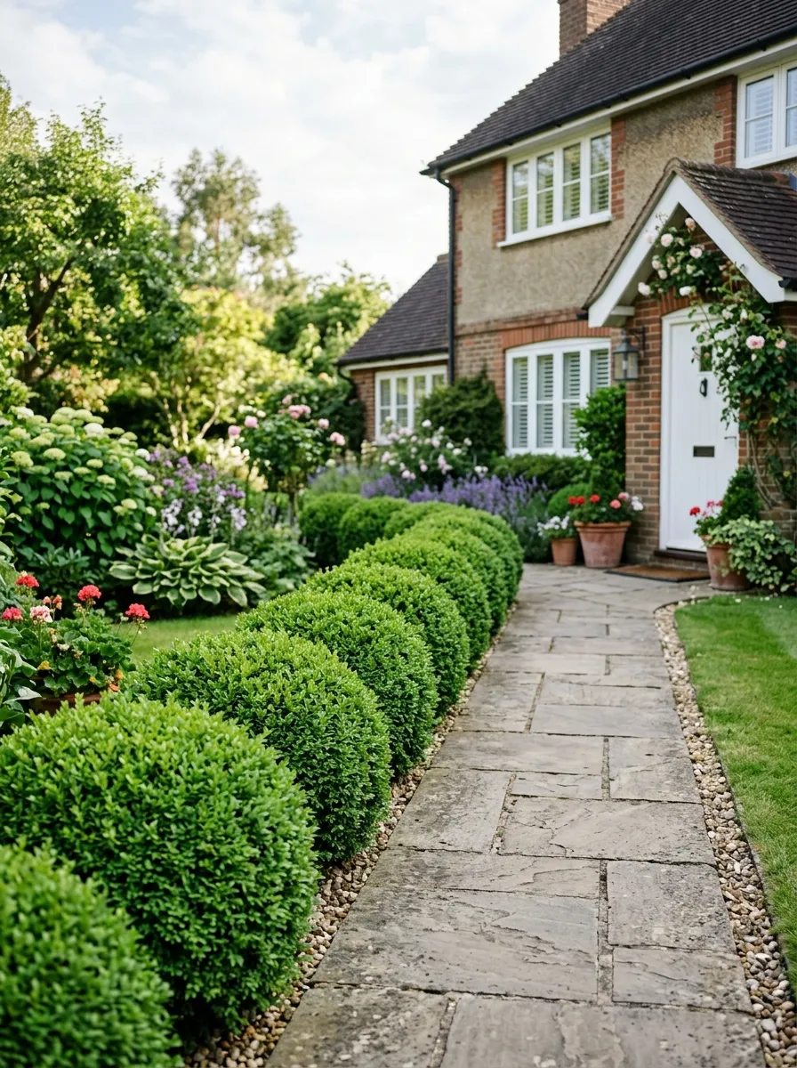 24 Gorgeous Front Yard Garden Ideas That Boost Curb Appeal Instantly 14 A neat row of trimmed boxwood shrubs lining a front walkway