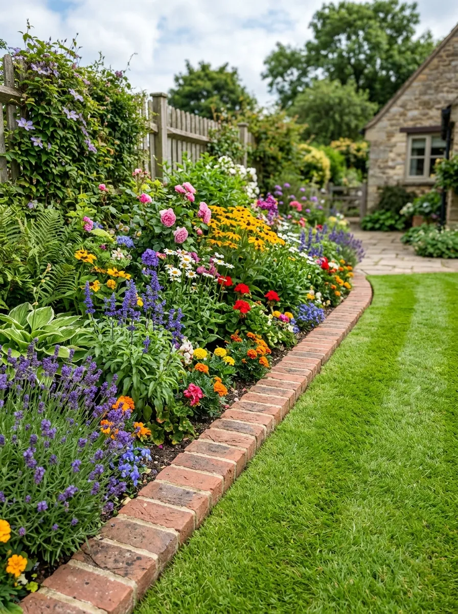 A neatly edged garden bed with brick border and colorful mixed flowers