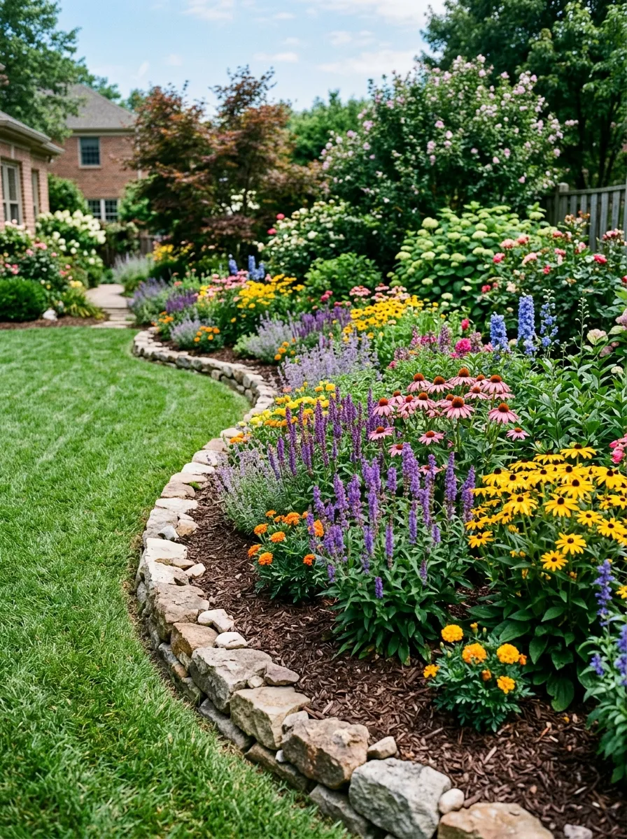 A neatly edged garden bed with dark mulch, colorful mixed flowers