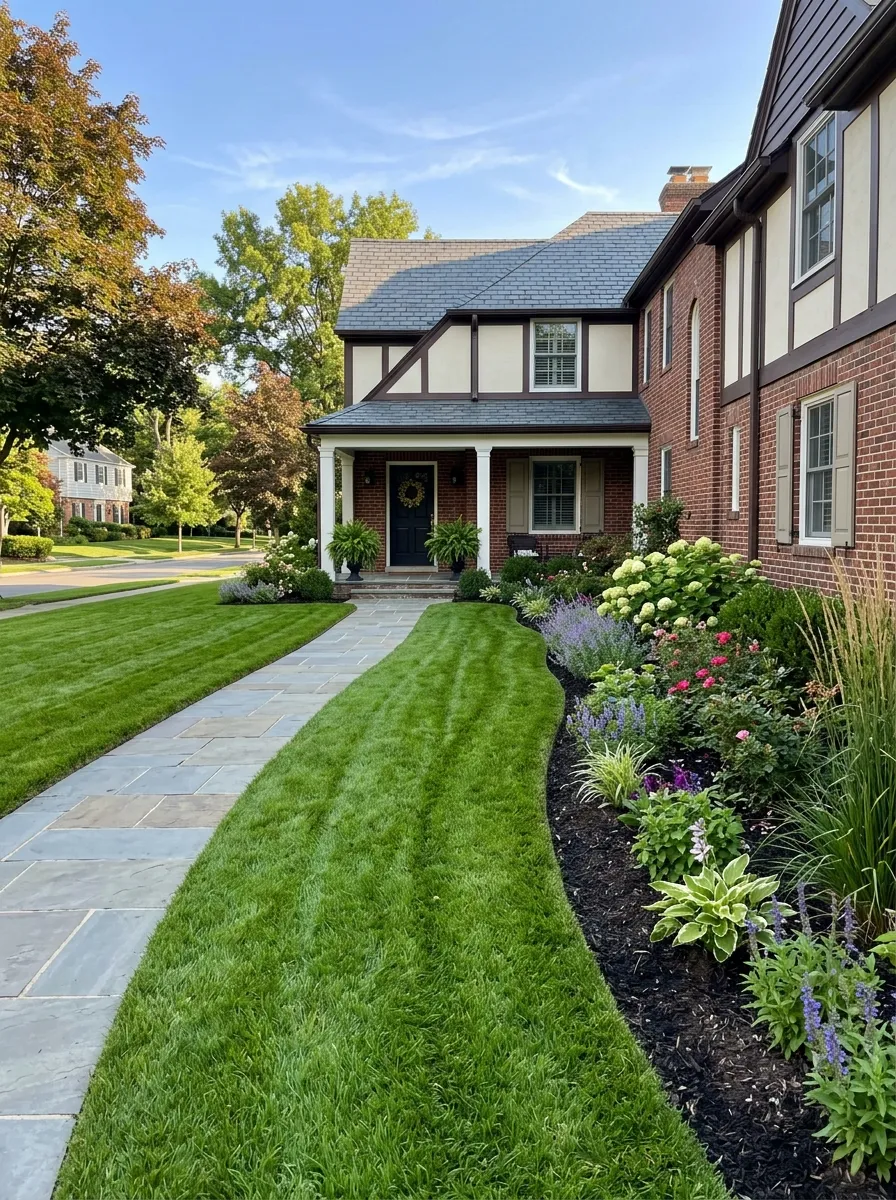 24 Gorgeous Front Yard Garden Ideas That Boost Curb Appeal Instantly 25 A neatly mowed front lawn with sharp edges along a walkway and garden bed