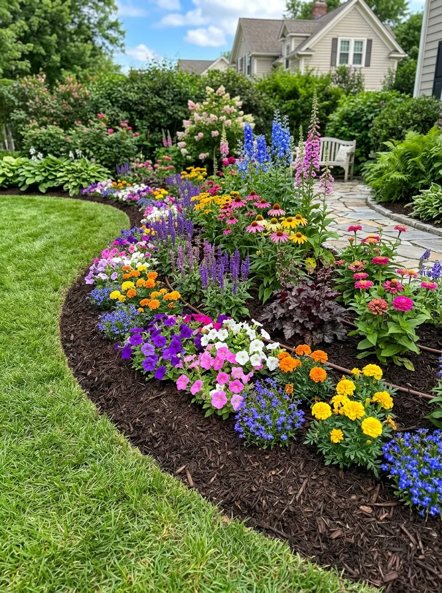 A neatly mulched garden bed with dark brown mulch, clean edges