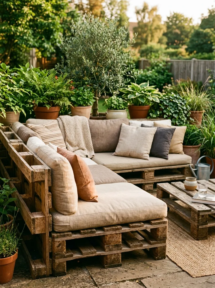 A patio sofa built from stacked wooden pallets