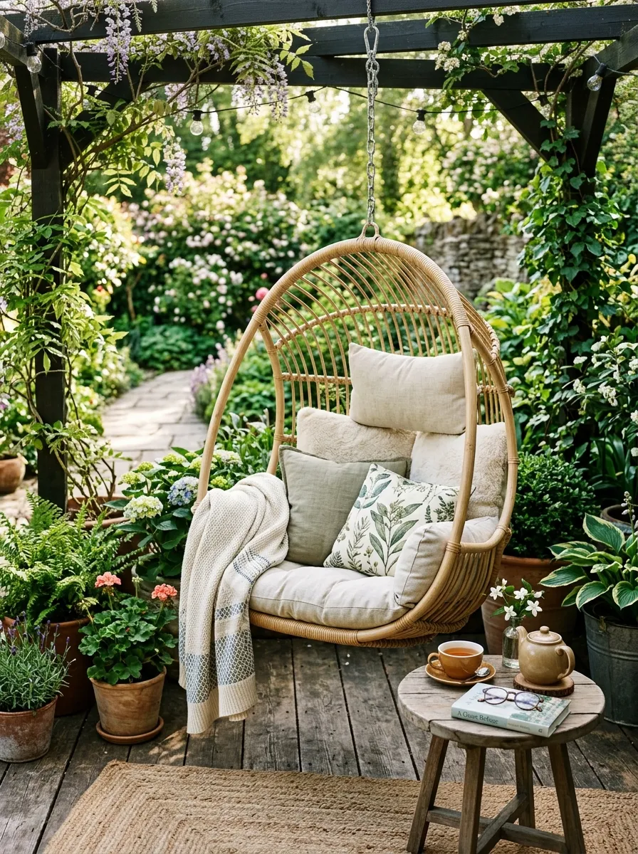 How to Design a Backyard Garden That Feels Like a Private Retreat 5 A relaxing outdoor swing chair with soft cushions surrounded by potted plants and a small side table holding a cup of tea.
