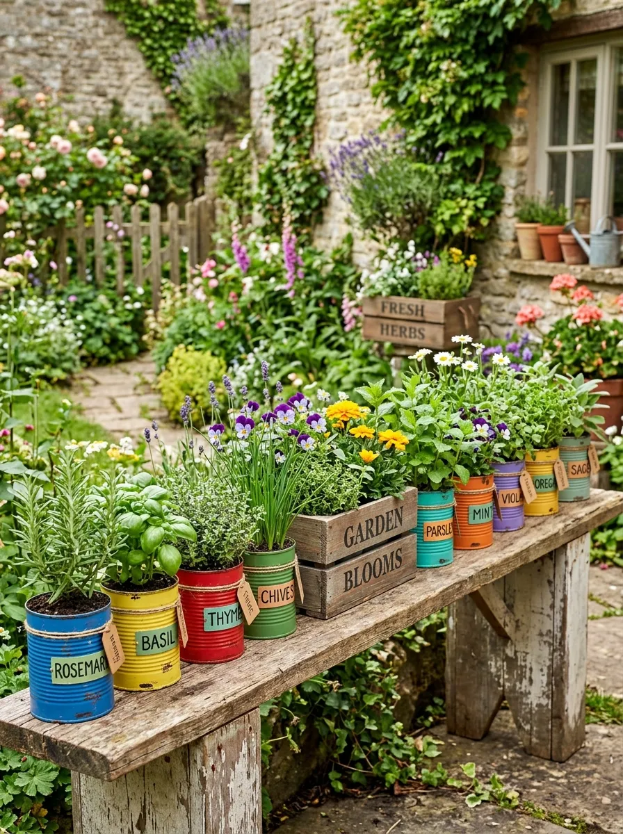 A row of colorful upcycled tin cans and wooden crates