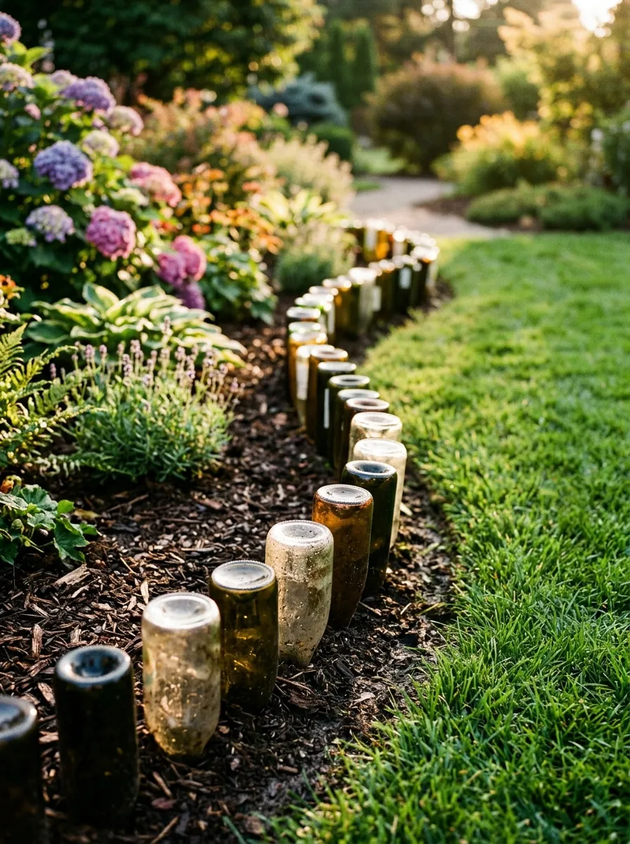26 Amazing DIY Home Garden Ideas That Anyone Can Create on a Budget 11 A row of empty wine bottles pushed neck-down into soil