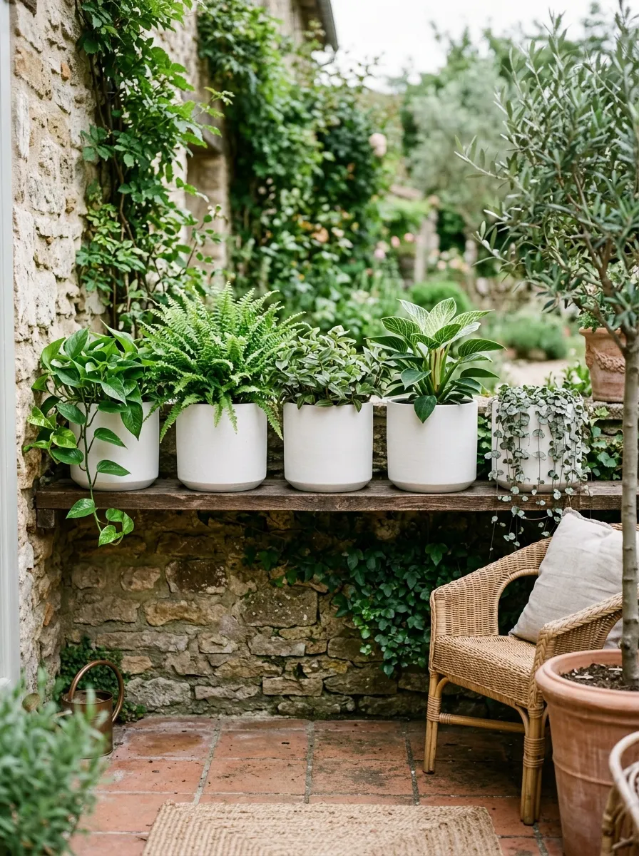 A row of matching white ceramic planters filled with green foliage