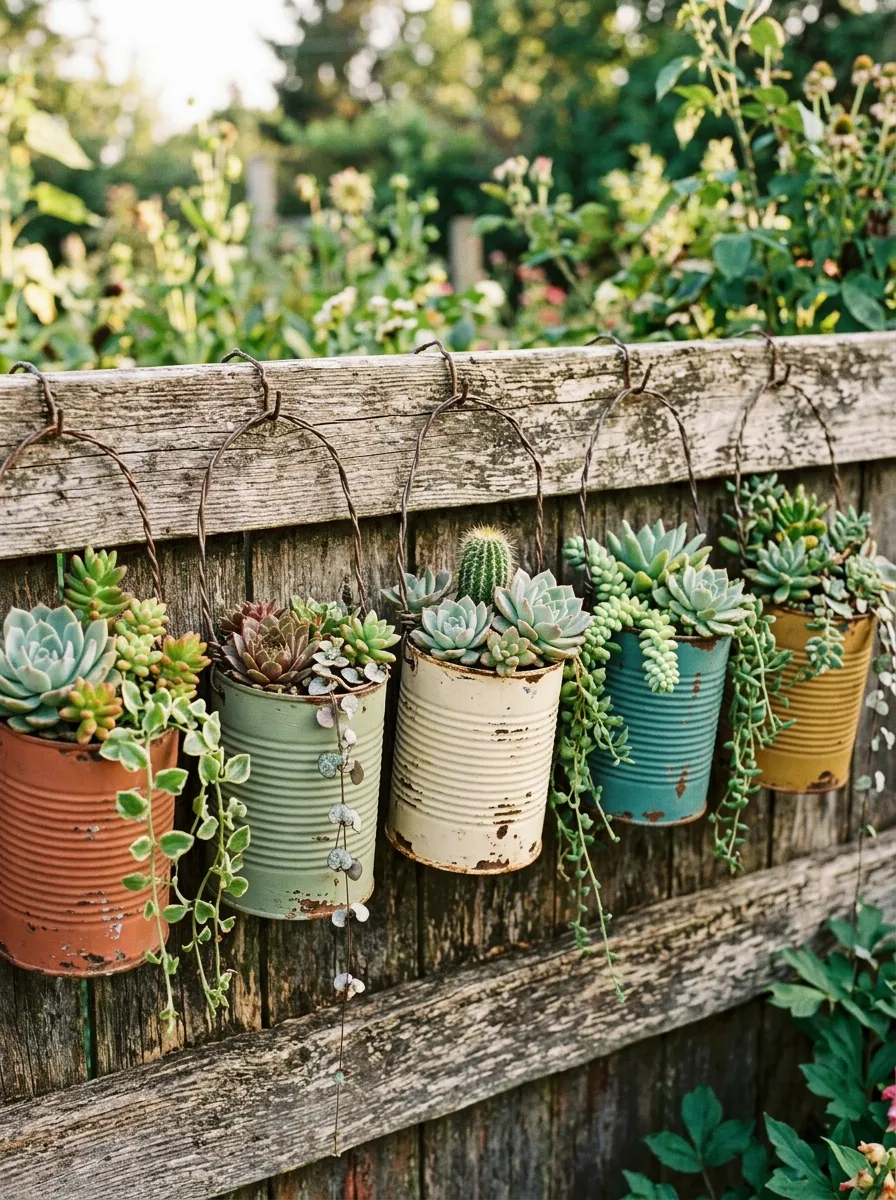 26 Amazing DIY Home Garden Ideas That Anyone Can Create on a Budget 6 A row of painted tin cans hanging from a wooden fence rail by wire handles