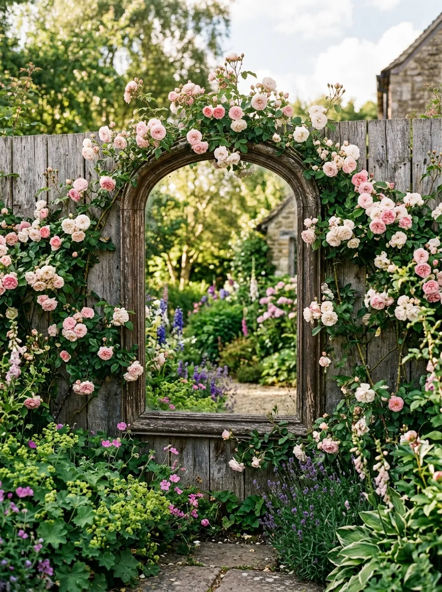 How to Design a Small Garden That Looks Bigger and More Beautiful 3 A rustic garden mirror mounted on a fence, framed with climbing roses, reflecting lush greenery and soft sunlight.
