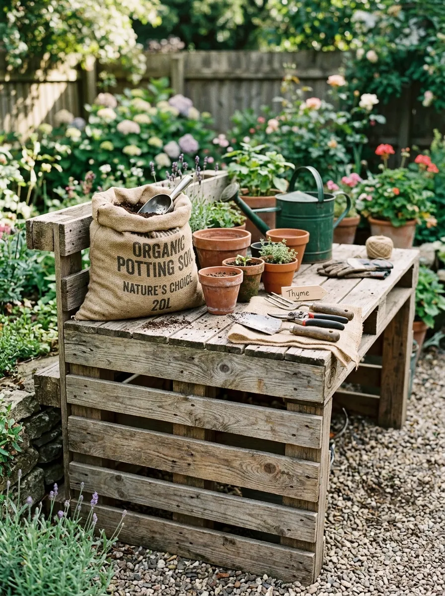 26 Amazing DIY Home Garden Ideas That Anyone Can Create on a Budget 16 A rustic outdoor potting bench built from stacked wooden pallets