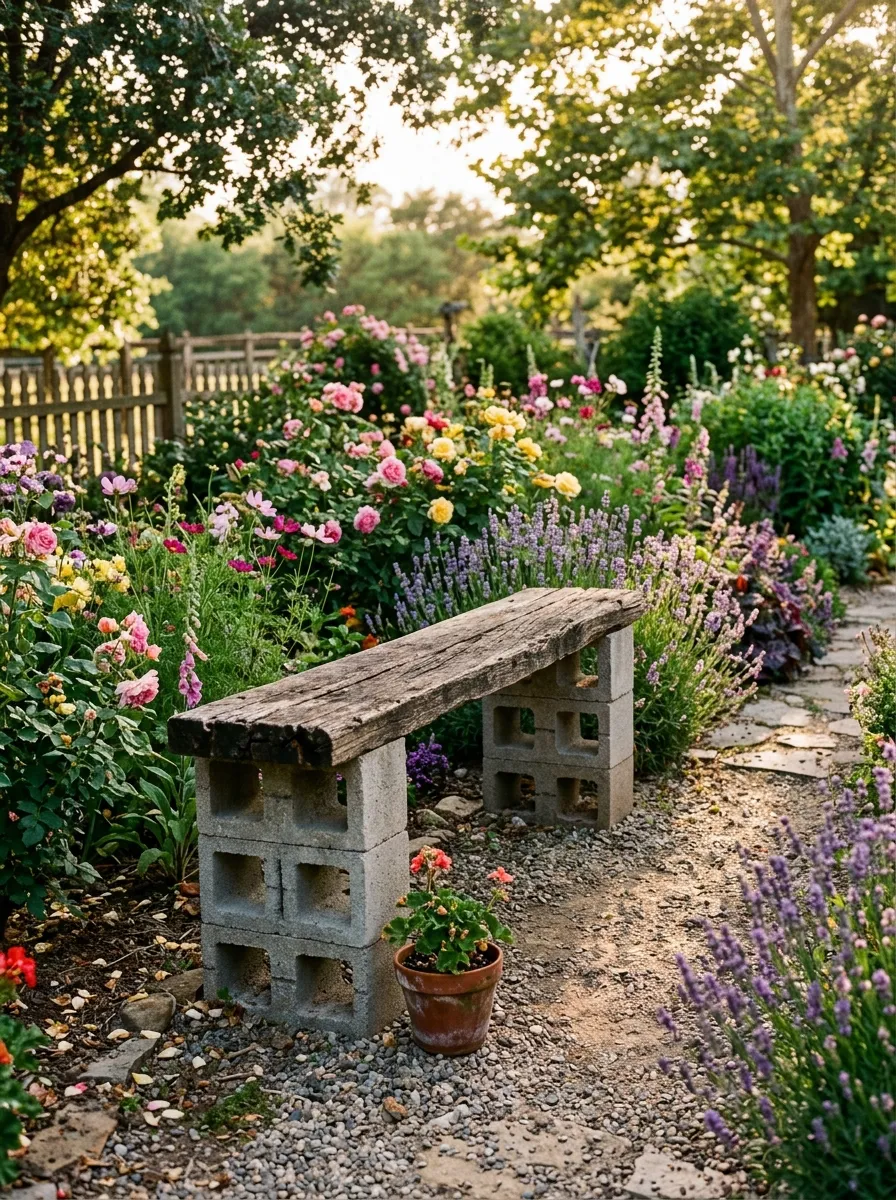 26 Amazing DIY Home Garden Ideas That Anyone Can Create on a Budget 25 A simple garden bench made from stacked gray cinder blocks topped with a weathered wooden plank
