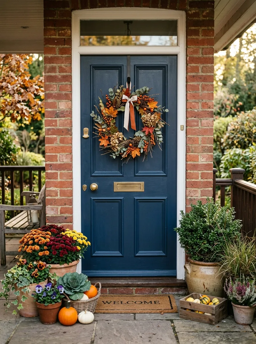 24 Gorgeous Front Yard Garden Ideas That Boost Curb Appeal Instantly 23 A simple seasonal wreath hanging on a front door, surrounded by potted plants