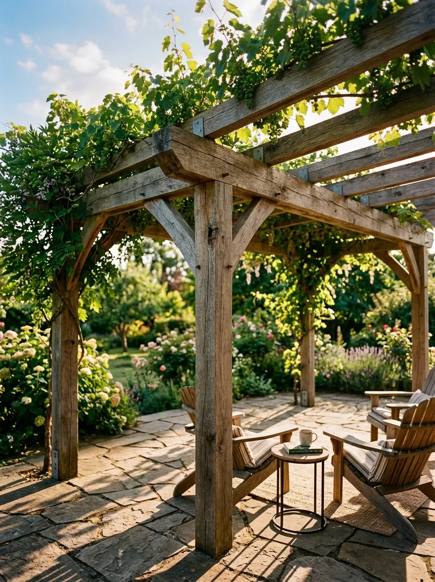 A simple wooden pergola frame over a patio