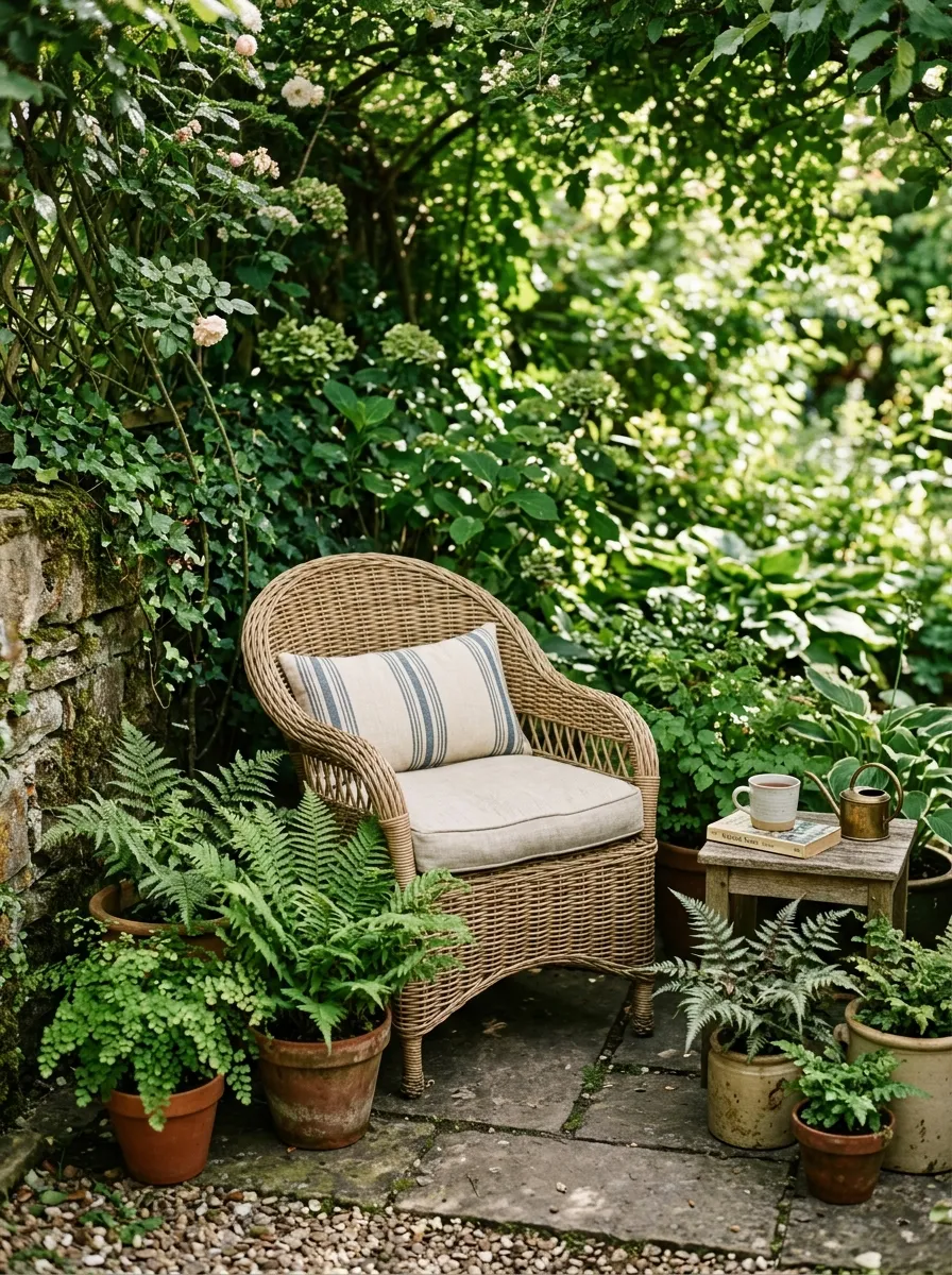 A single wicker chair with a cushion tucked into a shaded garden corner
