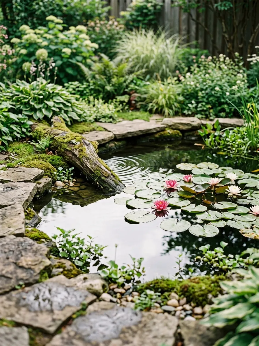 A small backyard pond edged with flat stones